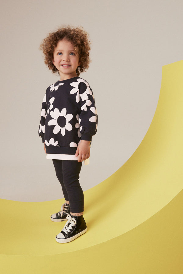 Black/White Flowers Long Sleeve 100% Cotton Top and Leggings Set (3mths-7yrs)