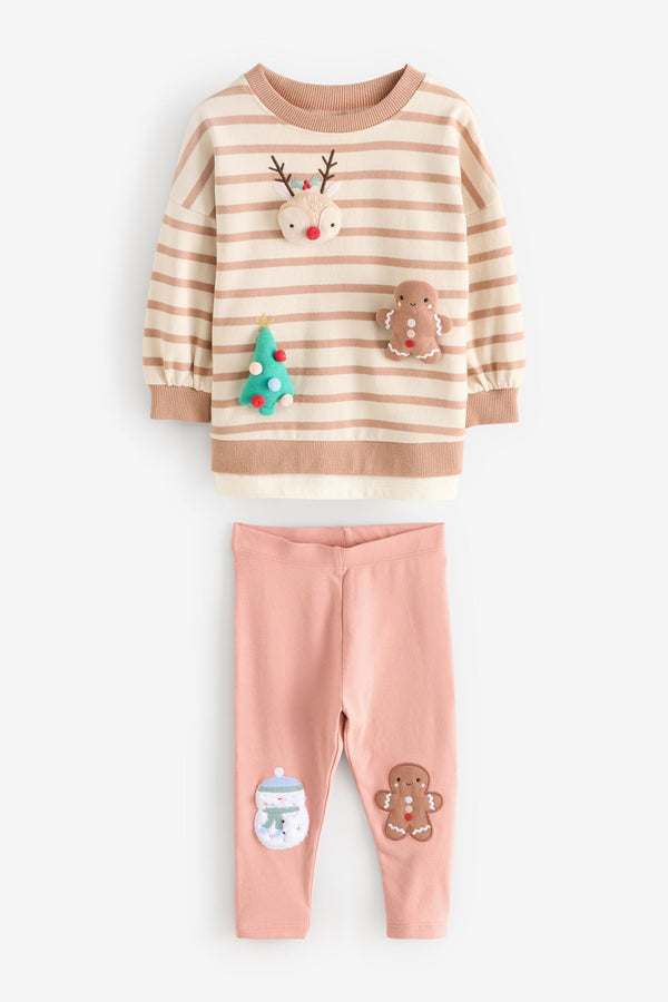 Pink Stripe Christmas Padded Characters Long Sleeve Top and Legging Set (3mths-7yrs)