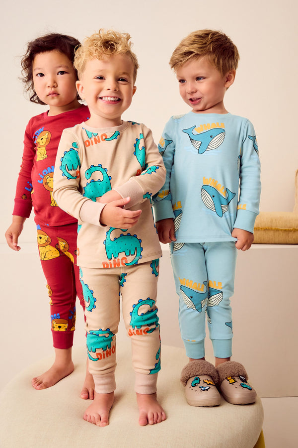 Red/Blue/Neutral Animal Snuggle 100% Cotton Pyjamas 3 Pack (9mths-10yrs)