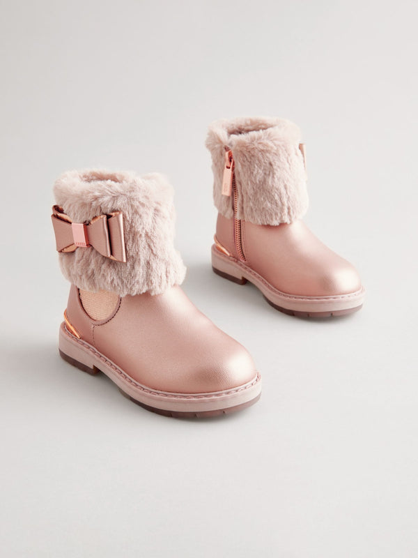 Baker by Ted Baker Girls Pink Faux Fur Cuff Ankle Boots