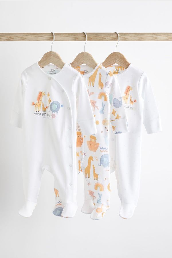 White Animals Baby Delicate Appliqué Cotton Sleepsuits 3 Pack (0-2yrs)