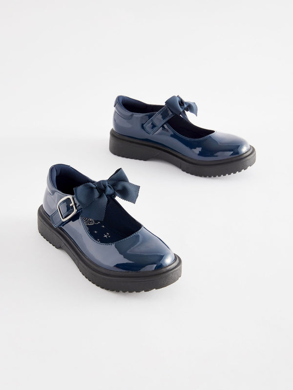 Navy Patent Standard Fit (F) Bow Chunky Mary Jane School Shoes