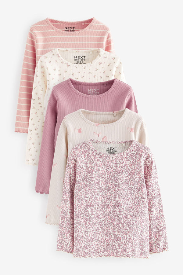 Pink Ribbed Long Sleeve Tops 5 Pack (3mths-7yrs)