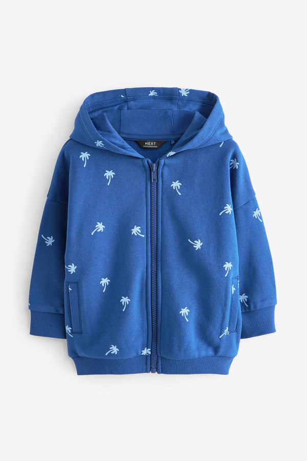 Cobalt Blue Palms All Over Print Jersey Zip Through Hoodie (3mths-7yrs)