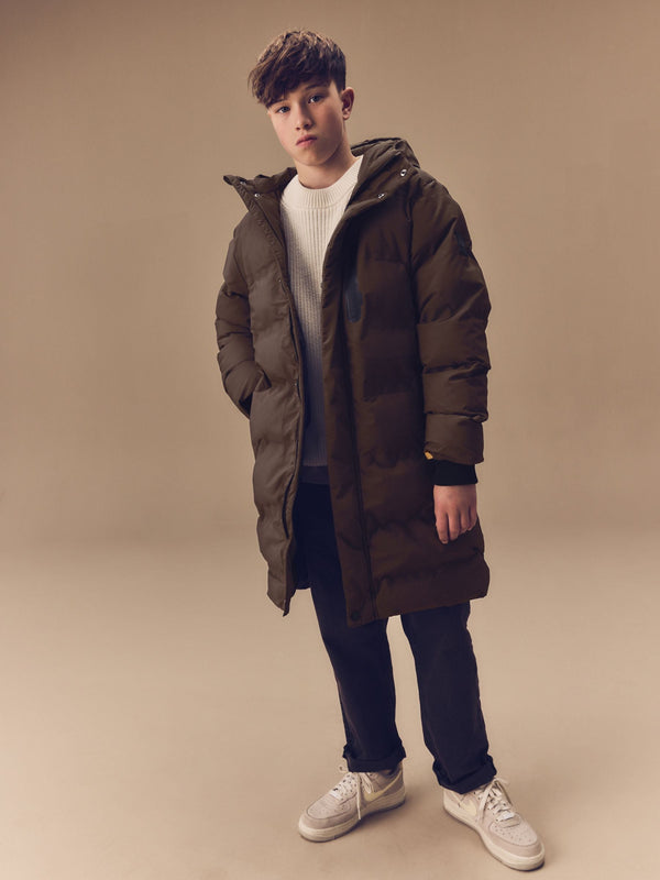 Brown Waterproof Longline Fleece Lined Puffer Coat (3-17yrs)