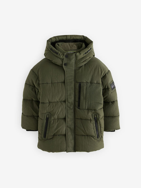 Khaki Green Utility Fleece Lined Hooded Padded Puffer Coat (3-16yrs)