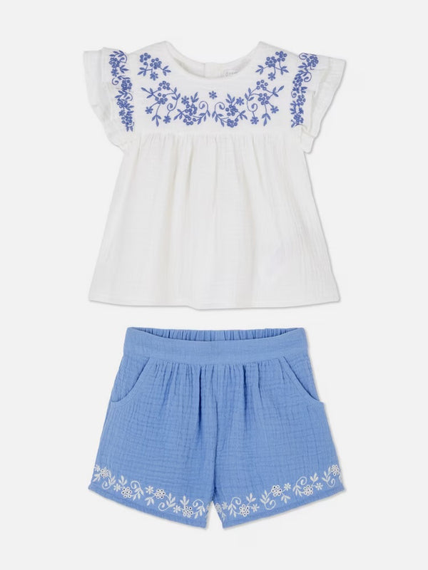 Primark blue brodrie shorts set