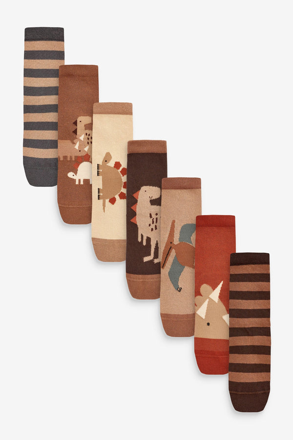 Rust Brown Dinosaurs Cotton Rich Socks 7 Pack