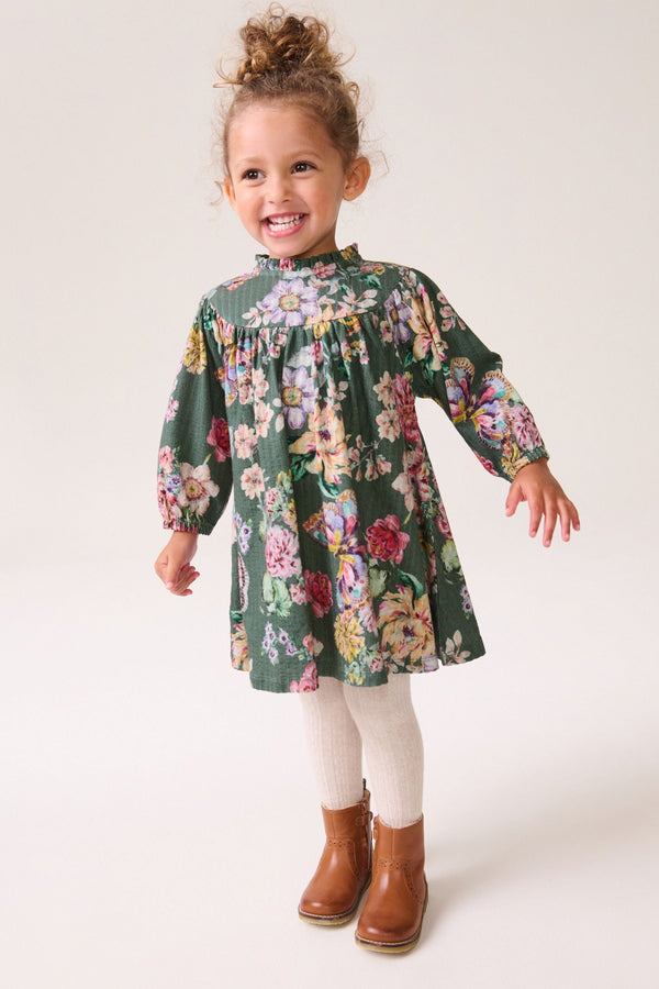 Green 100% Cotton Long Sleeve Collar Dress (3mths-7yrs)