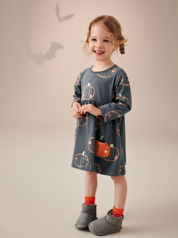 Charcoal Grey Pumpkin 100% Cotton Halloween Long Sleeve Dress immediate