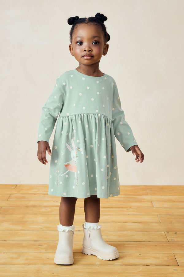 Pale Blue Character 100% Cotton Long Sleeve Jersey Dress (3mths-7yrs)