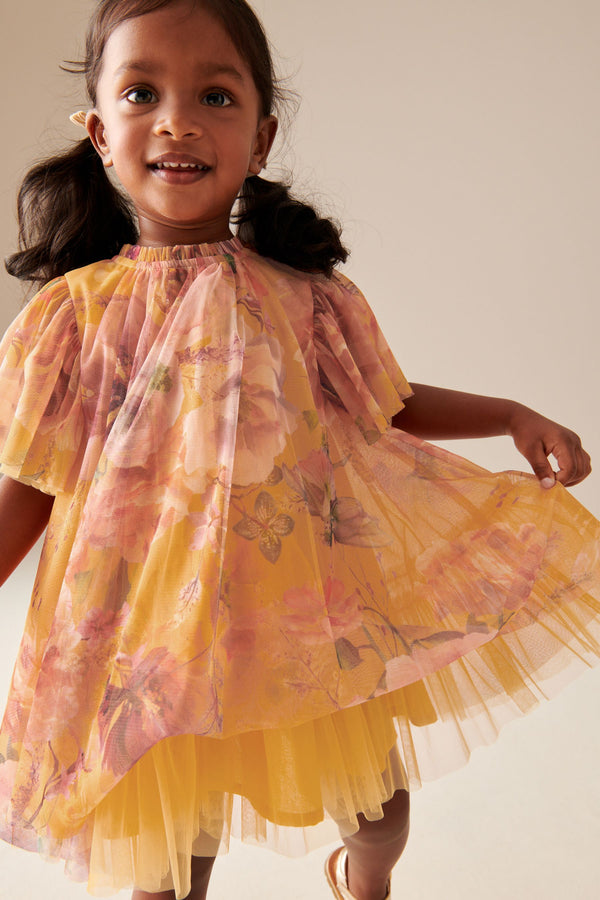 Ochre Yellow Floral Mesh Dress (3mths-7yrs)