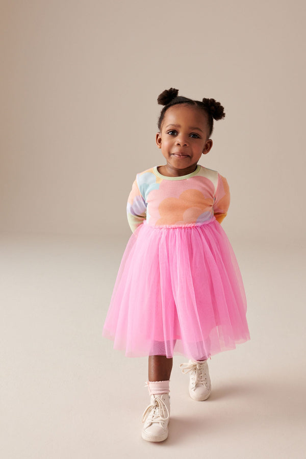 Pink Rainbow Long Sleeve Mesh Dress (3mths-7yrs)