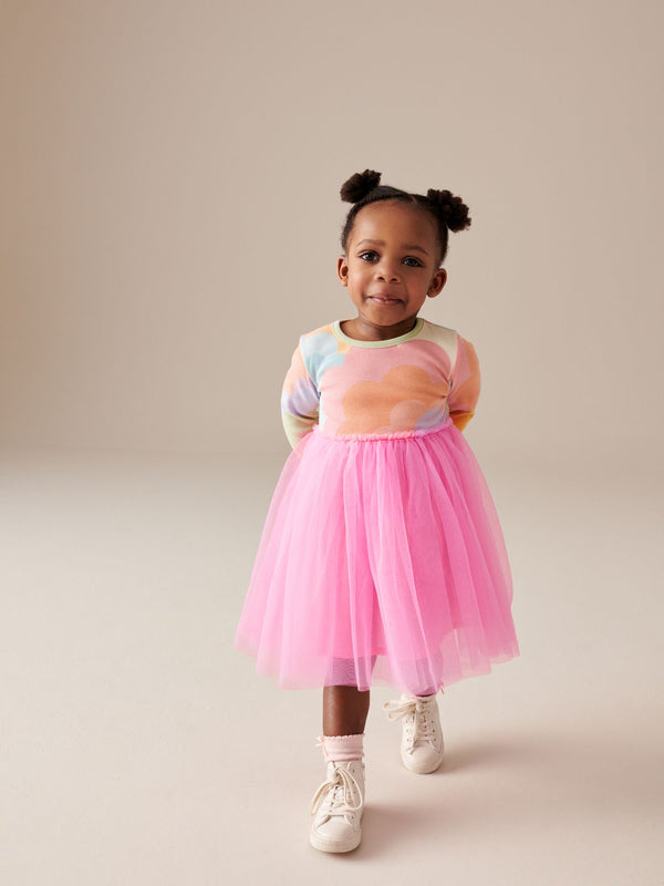 Pink Rainbow Long Sleeve Mesh Dress (3mths-7yrs)