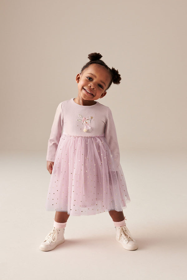 Pink Bunny Long Sleeve Mesh Dress (3mths-7yrs)