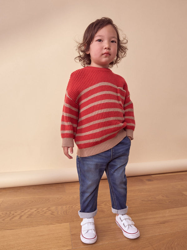 Red/Tan Brown Stripe Crew Neck Knitted Jumper (3mths-7yrs)