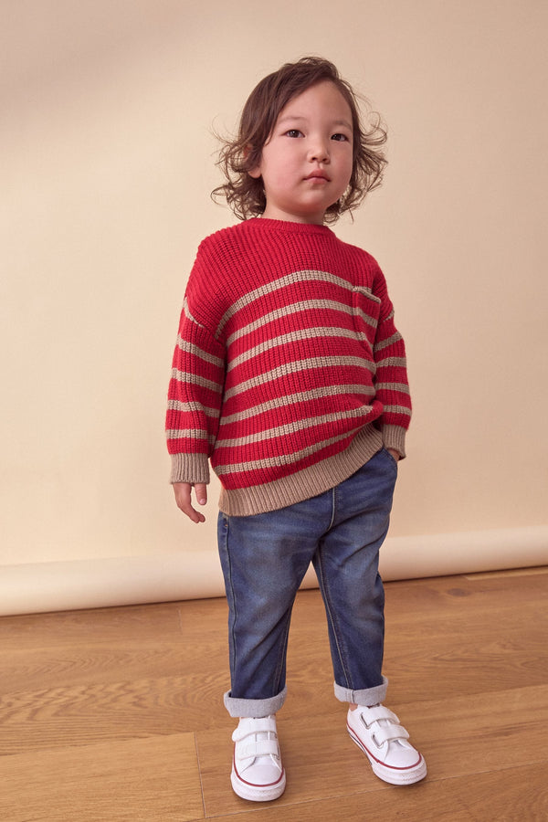 Red/Tan Brown Stripe Crew Neck Knitted Jumper (3mths-7yrs)