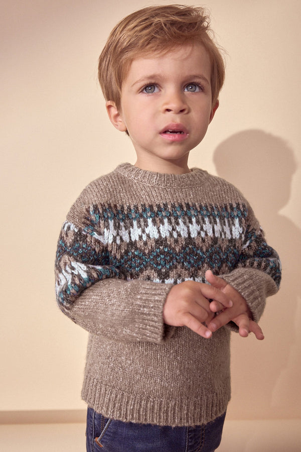 Neutral Fairisle Fairisle Pattern Crew Neck Knitted Jumper (3mths-7yrs)