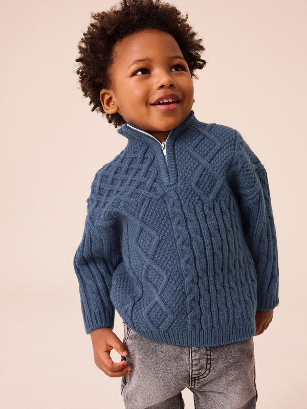 Navy Blue Cable Knit Zip Neck Jumper (3mths-7yrs)