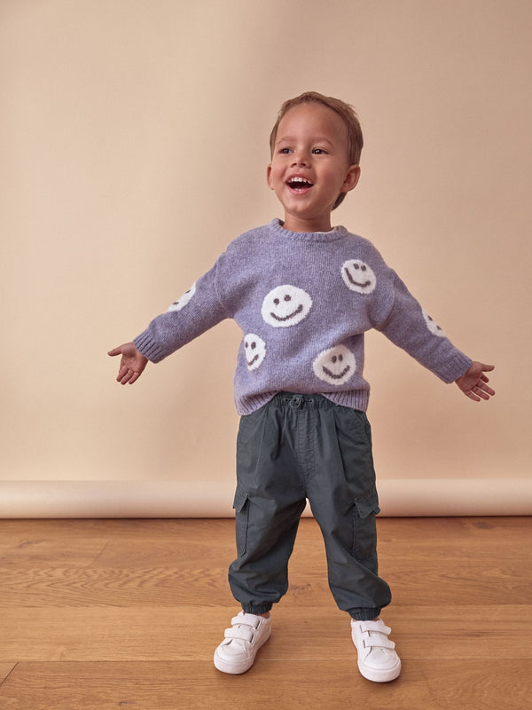 Grey/Blue Happy Faces Crew Neck Jumper (3mths-7yrs)