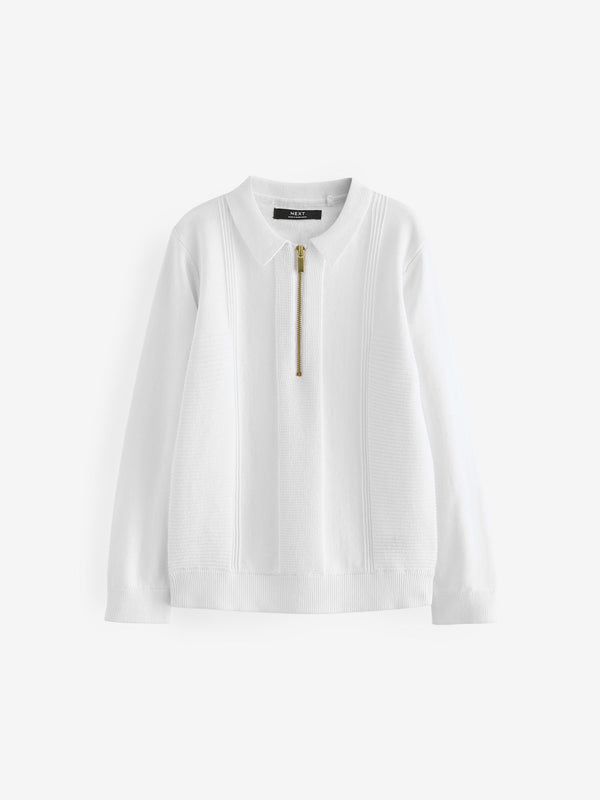 White Quarter Zip 100% Cotton Long Sleeve Knitted Polo Shirt (3-16yrs)
