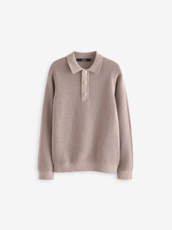 Natural Long Sleeve Textured Polo Shirt (3-16yrs)