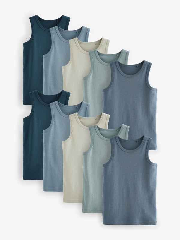 Tonal Blue 100% Cotton Vests 10 Pack (1.5-16yrs)