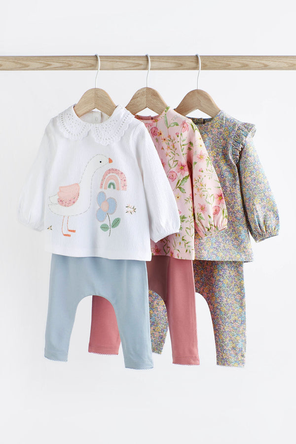 Pink/Blue/Cream Floral Duck 6 Piece Baby T-Shirts and Leggings Set(immediate)