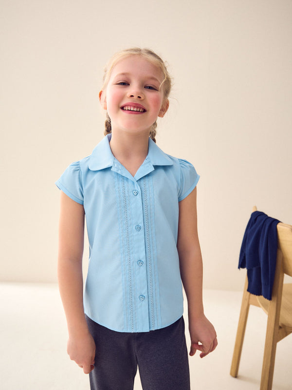 Blue Regular Fit Puff Sleeve Lace Trim School Blouse (3-14yrs)