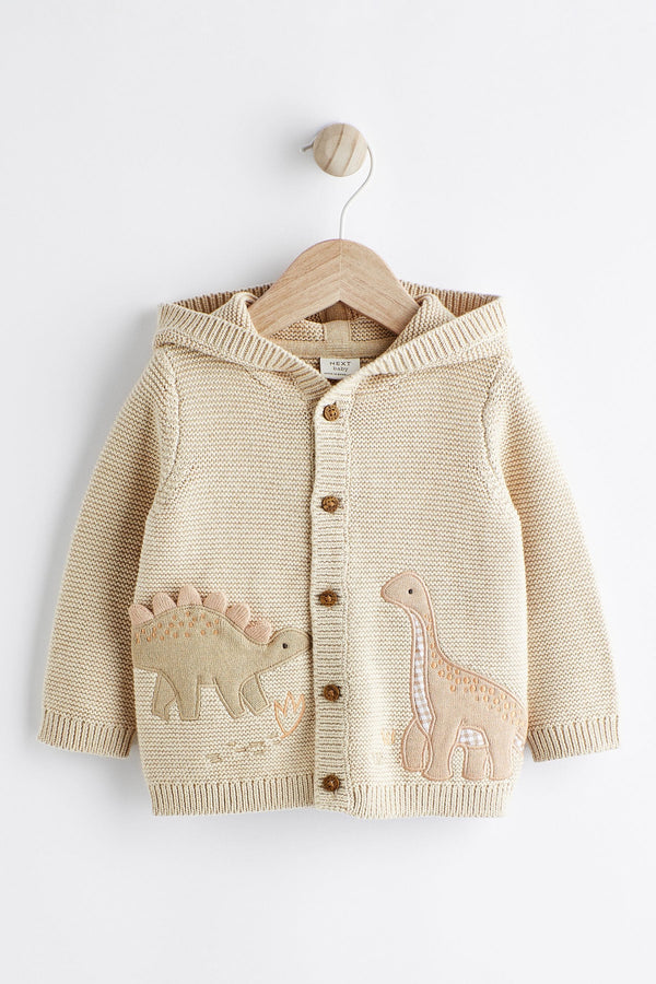 Cream Dinosaur Baby Knitted 100% Cotton Hooded Cardigan (0mths-2yrs)