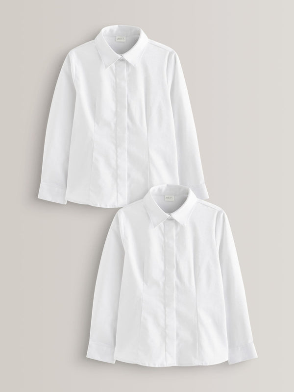 White 2 Pack Fitted Long Sleeve Cotton Rich Stretch Premium School Shirts (3-18yrs)