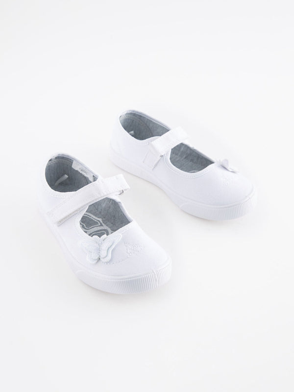 White Standard Fit (F) Butterfly Embroidered School Plimsoll Shoes