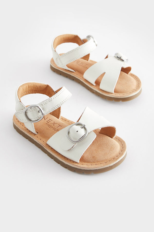 White Leather Buckle Sandals