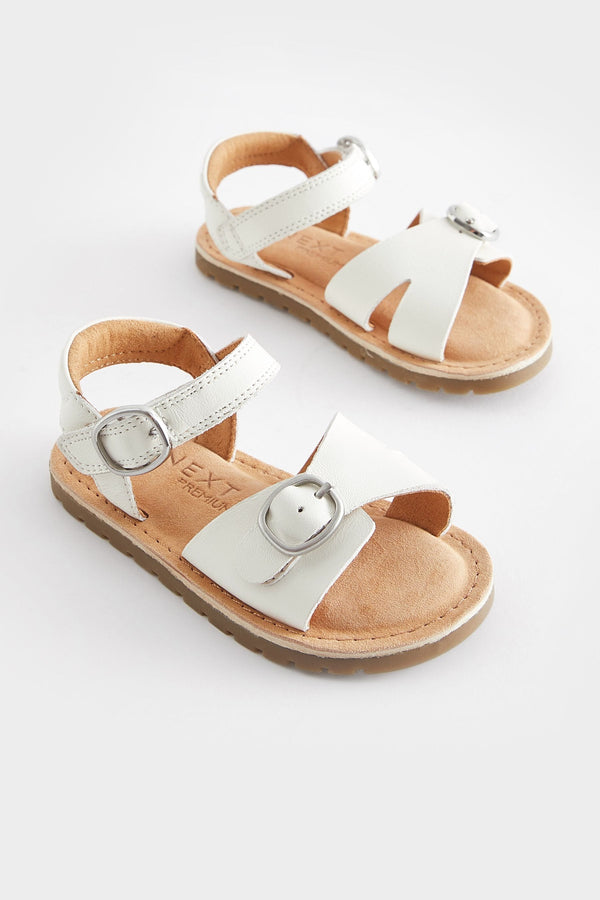 White Wide Fit (G) Leather Buckle Sandals