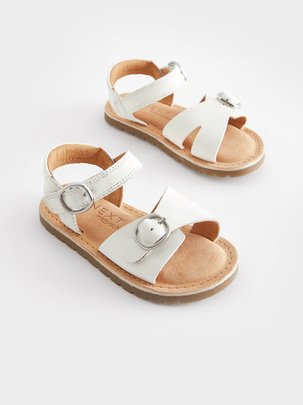 White Wide Fit (G) Leather Buckle Sandals