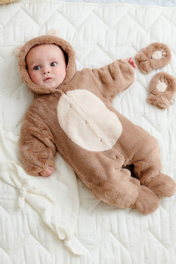 Brown Fleece Hooded Pramsuit with Detachable Mitts (immediate)