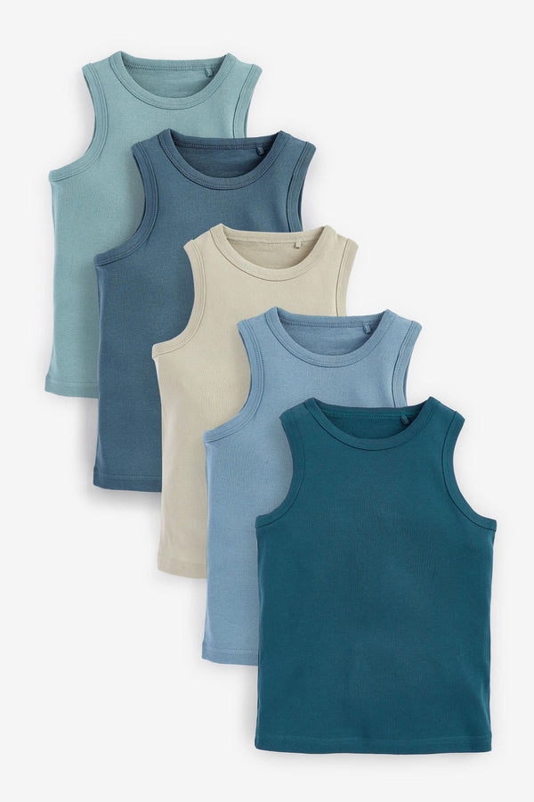 Blue 100% Cotton' to header Vests 5 Pack (1.5-16yrs)