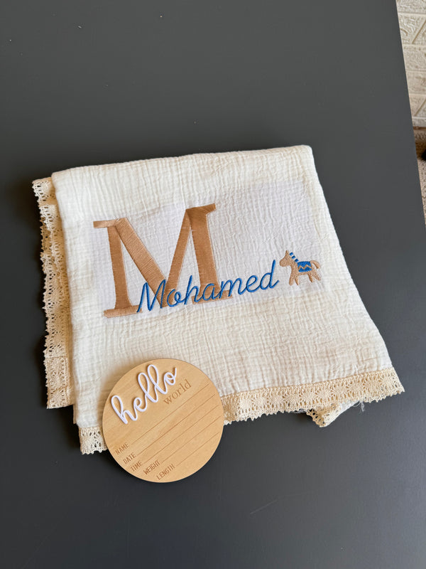 Customized baby name with big first letter and a horse