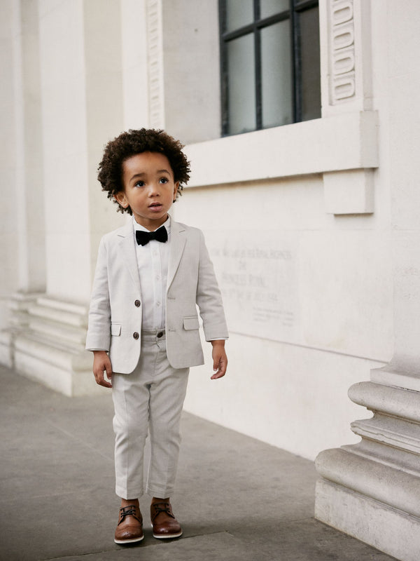 Neutral Blazer Shirt Trousers And Bow Tie Set With Linen (3mths-9yrs)