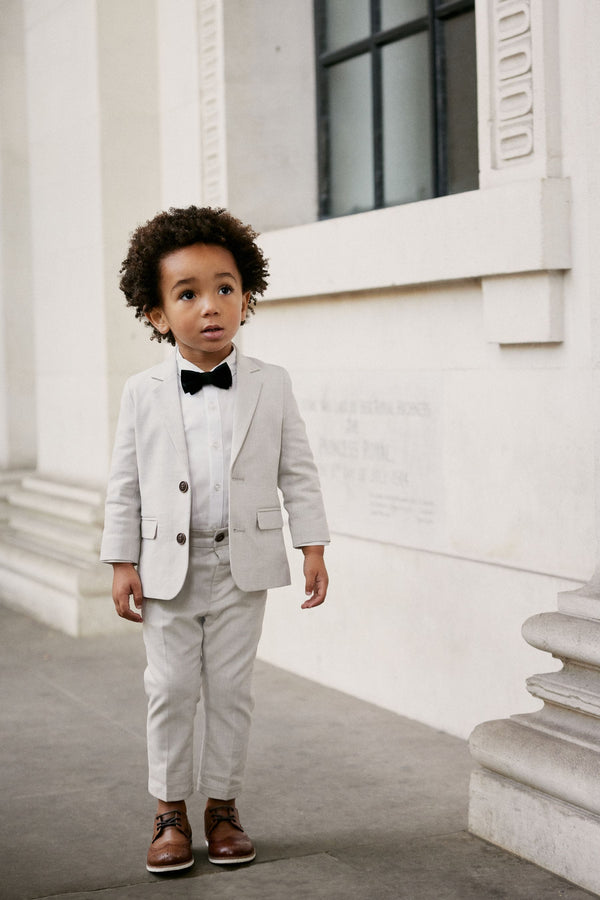 Neutral Blazer Shirt Trousers And Bow Tie Set With Linen (3mths-9yrs)