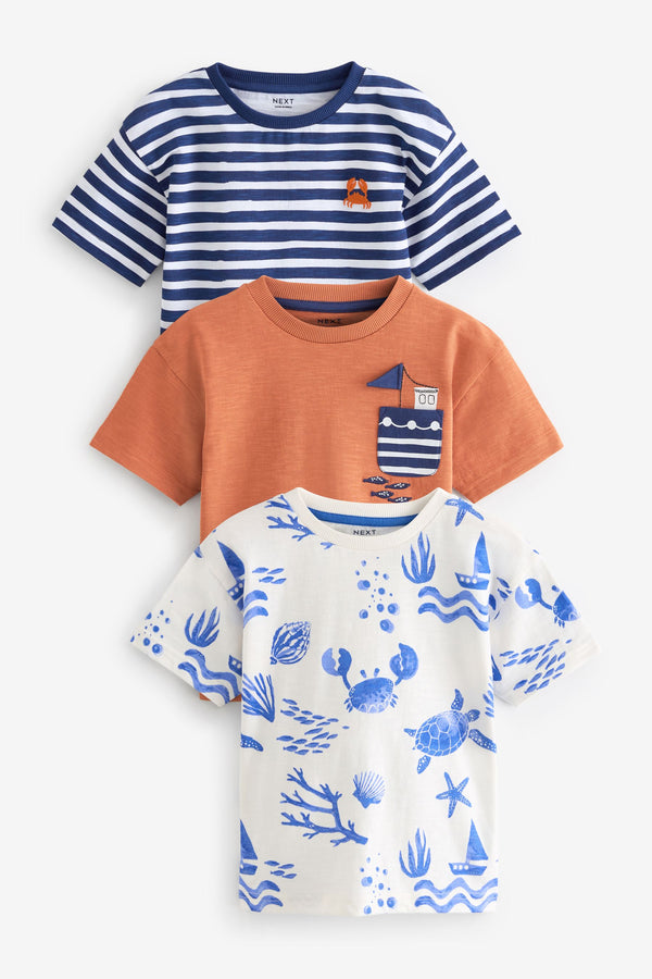 Orange/Navy 100% Cotton Short Sleeve Character T-Shirts 3 Pack (3mths-7yrs)