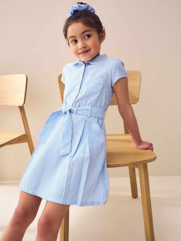 Blue Gingham Cotton Rich Belted School Dress with Scrunchie (3-14yrs)