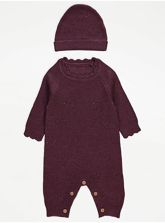 Burgendy red knitted romper & hat