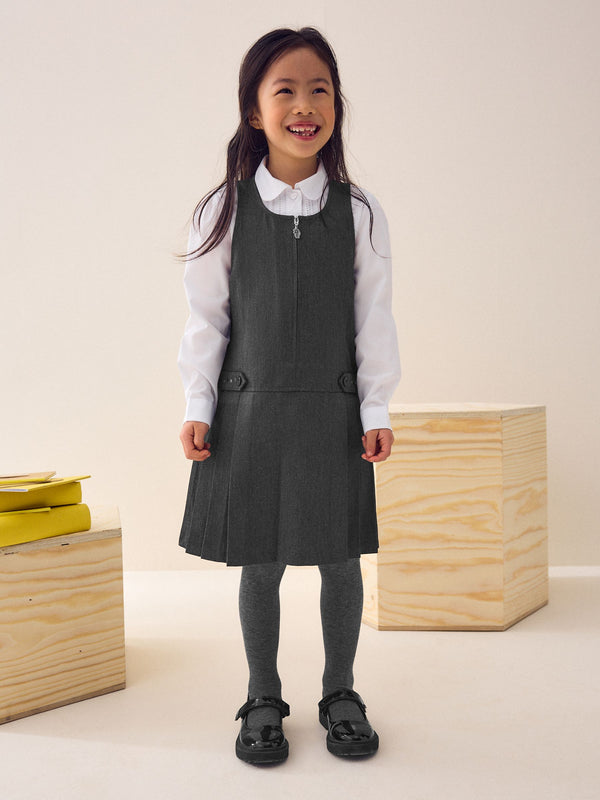 Grey Embroidered Zip Front Pinafore School Dress (3-14yrs)