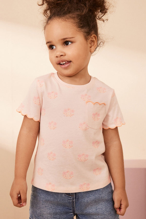 Fluro Pink Flower Short Sleeve Scallop 100% Cotton T-Shirt (3mths-7yrs)