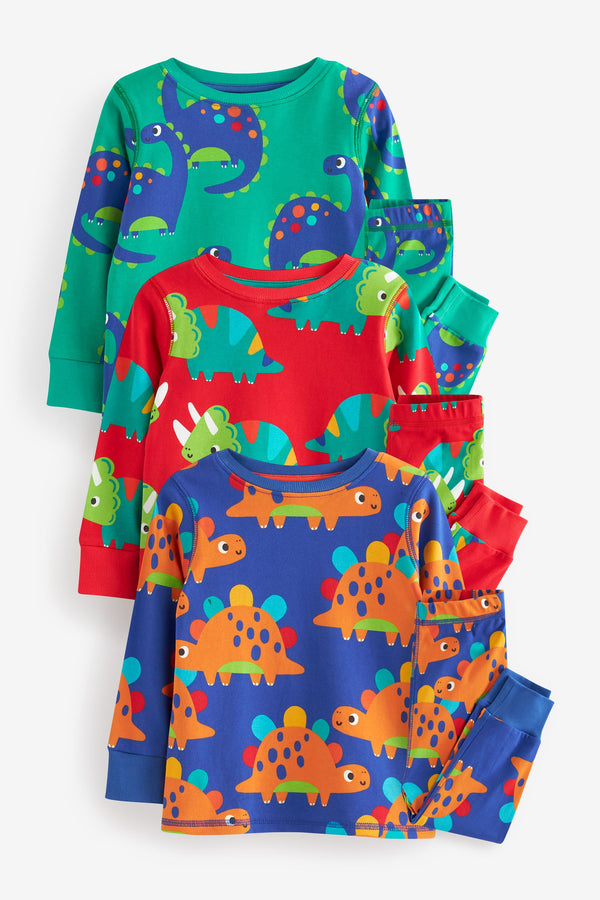 Red/Blue/Green Dinosaur Long Sleeve 3 Pack Pyjamas Set (9mths-8yrs)