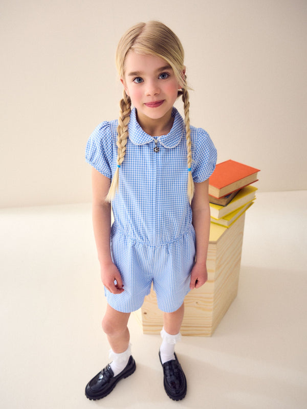 Blue Zip Front Cotton Rich Gingham School Playsuit (3-14yrs)
