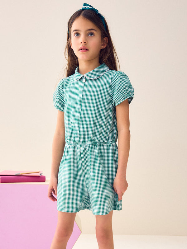 Green Zip Front Cotton Rich Gingham School Playsuit (3-14yrs)