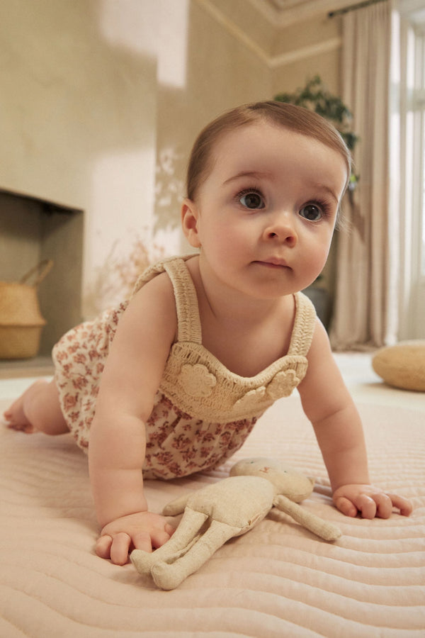 Rust Brown/ Cream Floral Baby Crochet Bloomer Romper (0mths-2yrs)