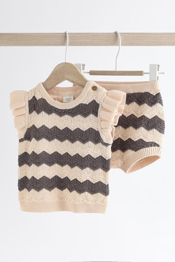 Tan/ Monochrome Zig Zag Stripe Baby Knitted Crochet Top And Shorts Set (0mths-2yrs)